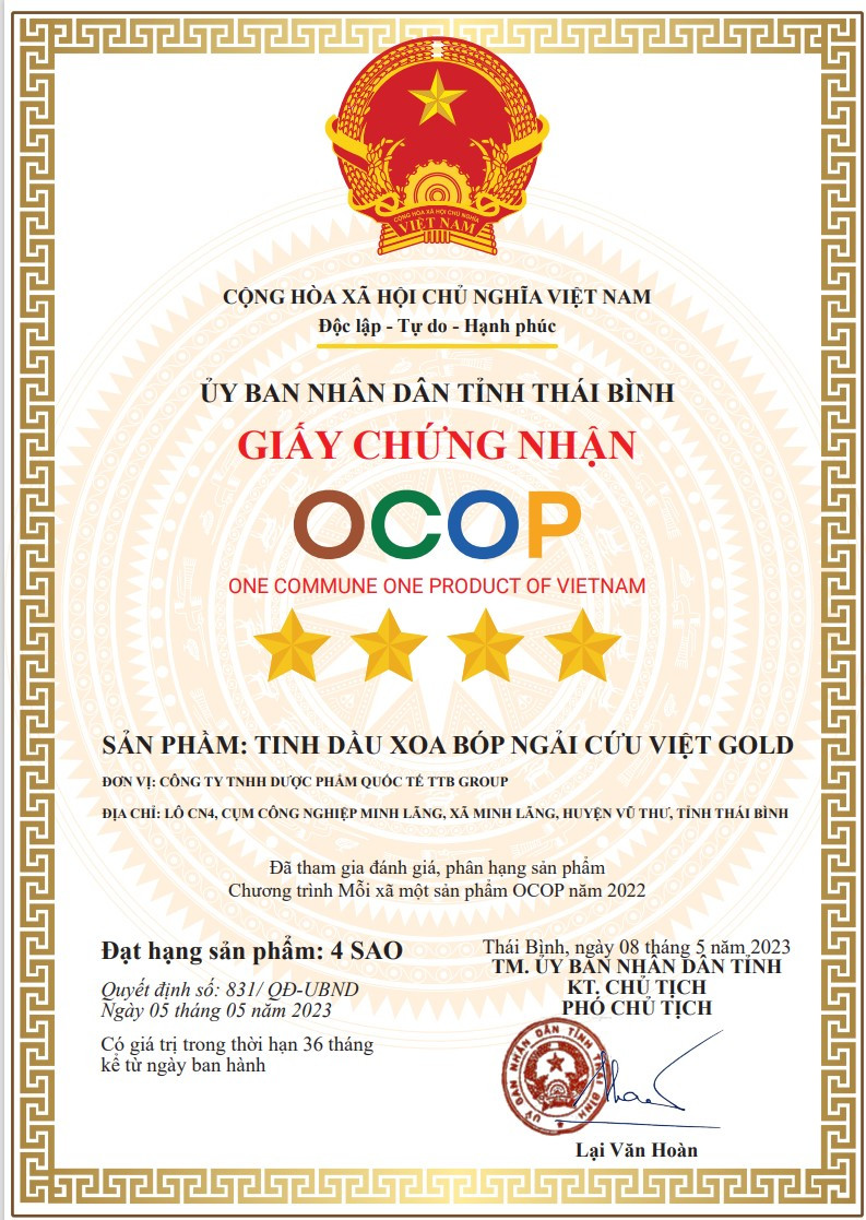 CHÚNG NHẬN OCOP CỦA SẢN PHẨM TINH DẦU XOA BÓP NGÃI CỨU VIỆT GOLD